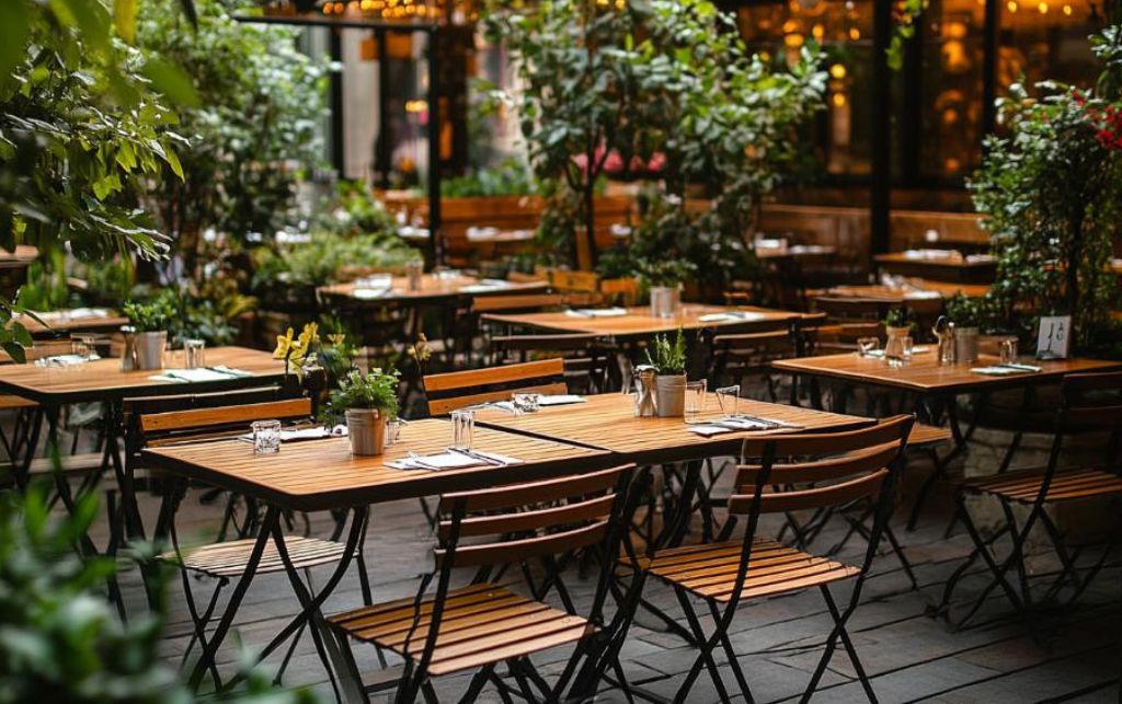 Outdoor dining table with plants and a patio
