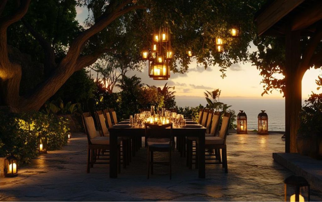 Extending outdoor dining table under lights