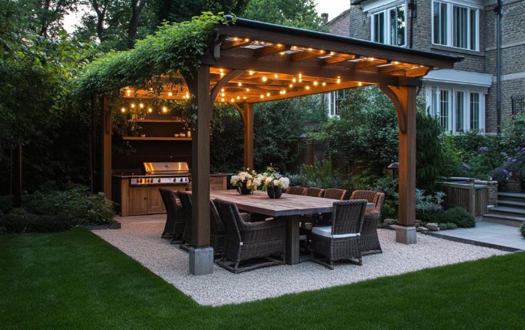 Outdoor dining table with wicker chairs and string lights