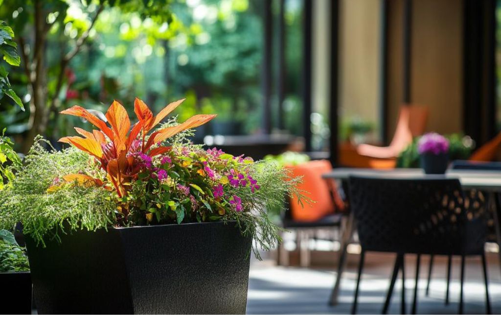 Outdoor dining table in a chic garden with ambient lighting