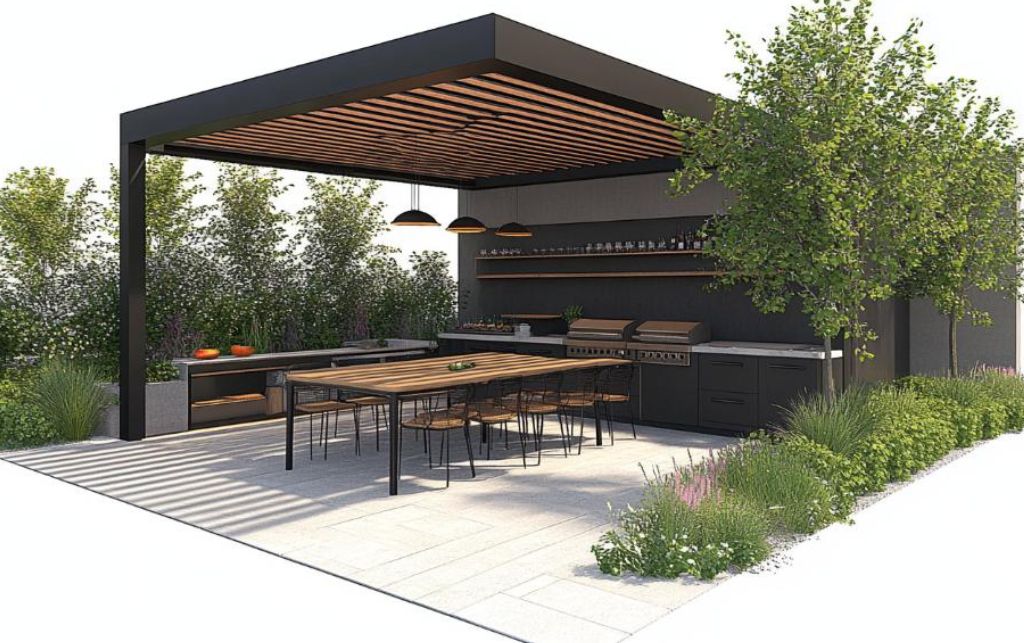 Extending outdoor dining table with modern black metal frame