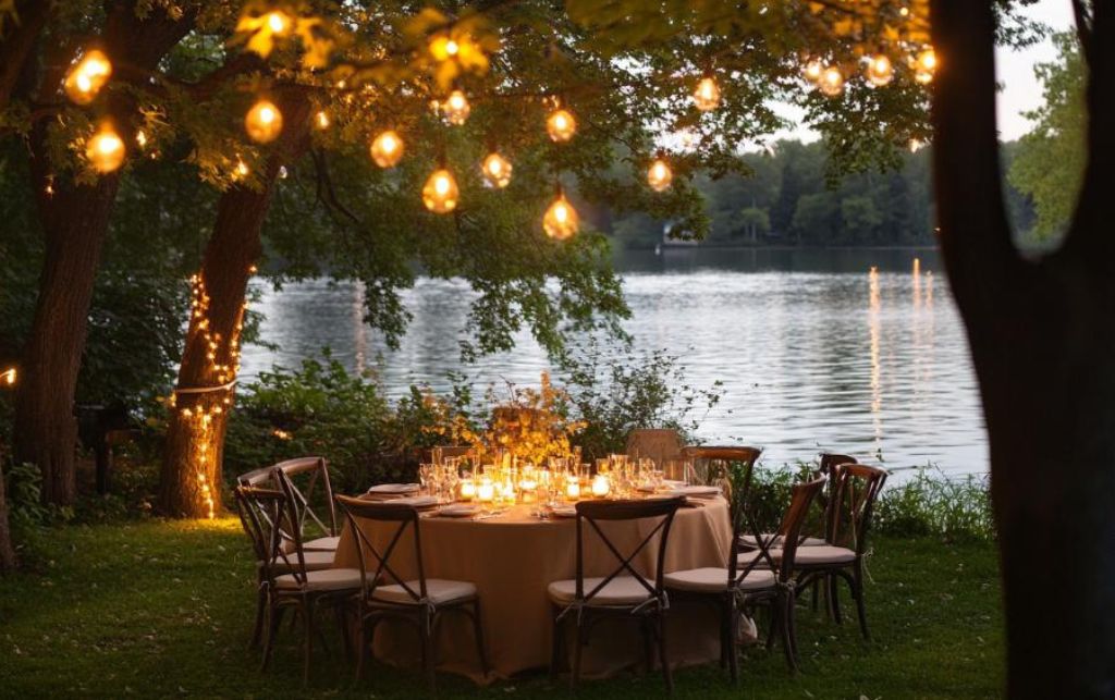 Outdoor dining table near a lake with string lights above