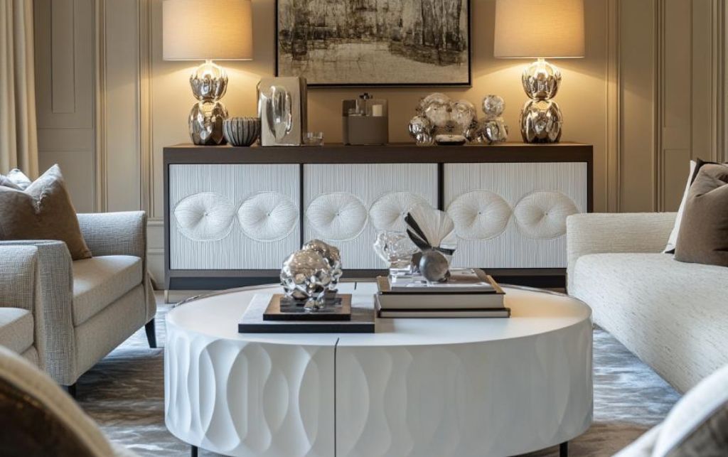 white high gloss sideboards with d&eacute;cor items