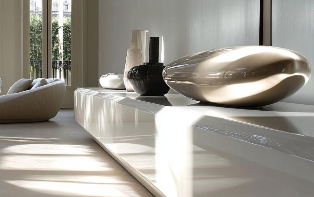 high gloss white sideboard reflecting light