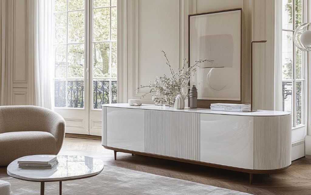 white high gloss small sideboard with vase