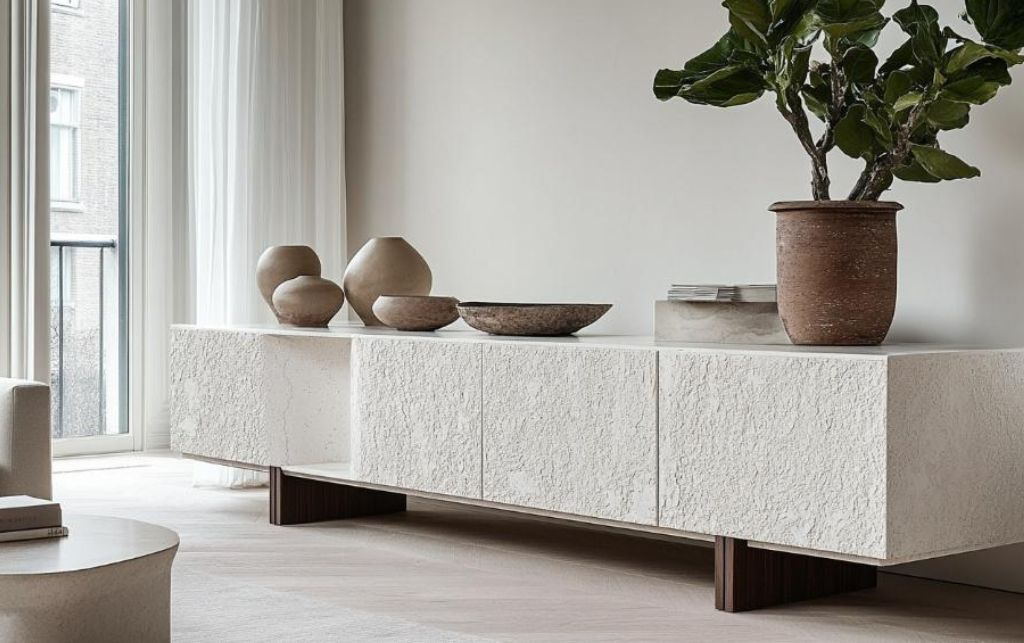 high gloss white sideboards in bright space