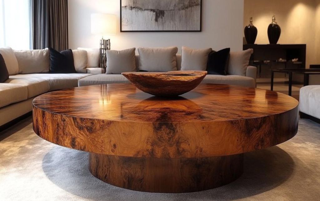 A round wooden coffee tables in living room