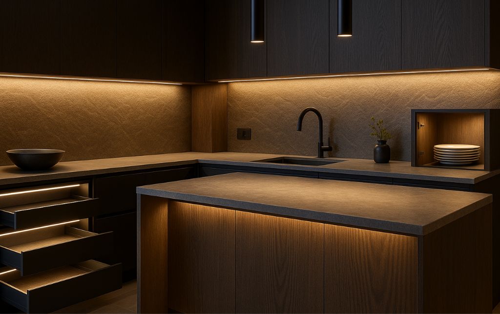 Integrated lighting in kitchen cupboards