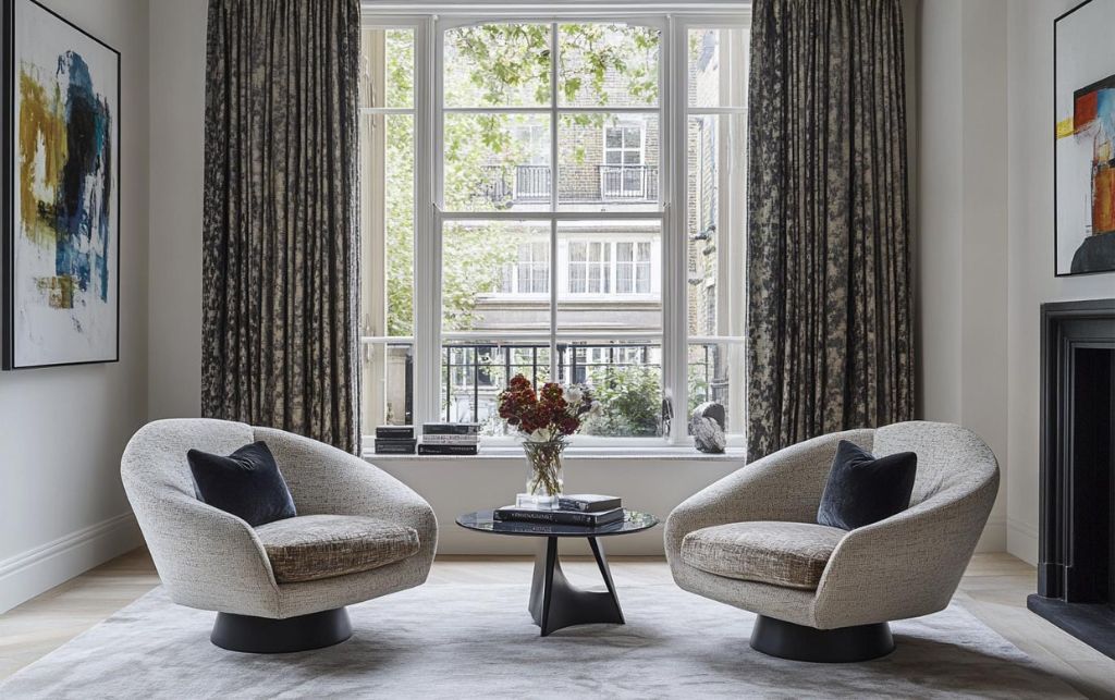 Modern living room with velvet accent chairs