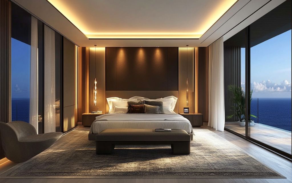 Modern bedroom sanctuary with sophisticated furniture