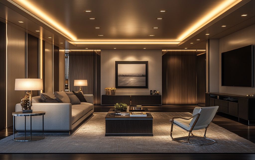 Layered lighting design in contemporary living room