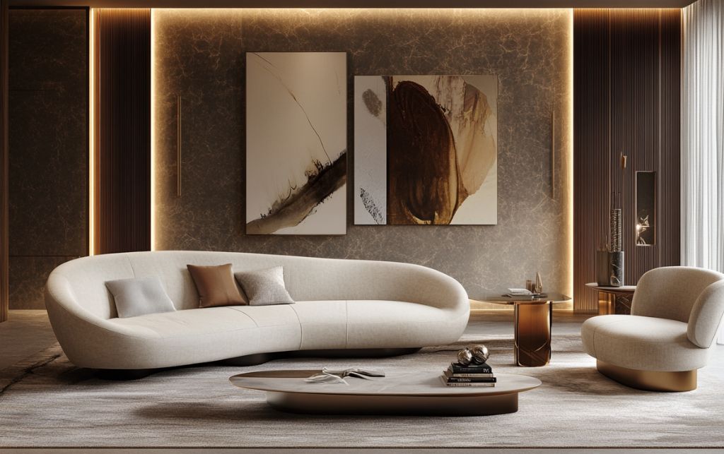 Luxury living room interior design with elegant furnishings and ambient lighting