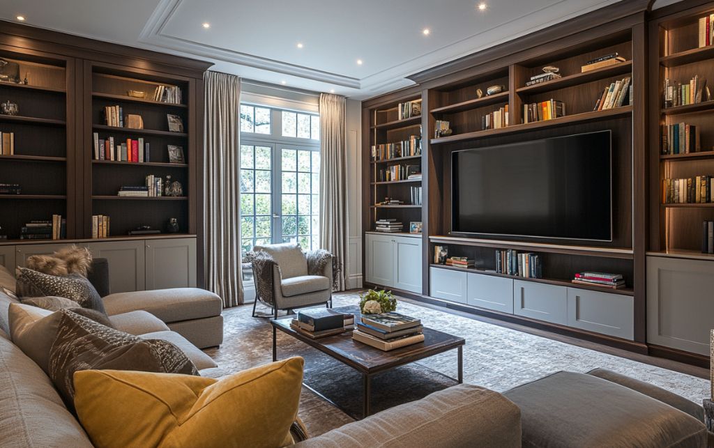 Integrated storage solutions in contemporary living room