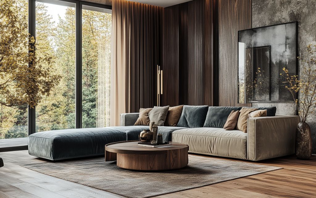 Mixed textures and materials in sophisticated living room design