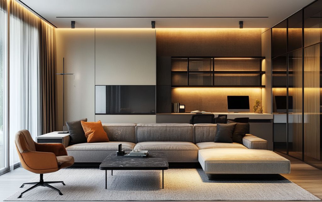 Modern living room design showcasing multiple functional areas