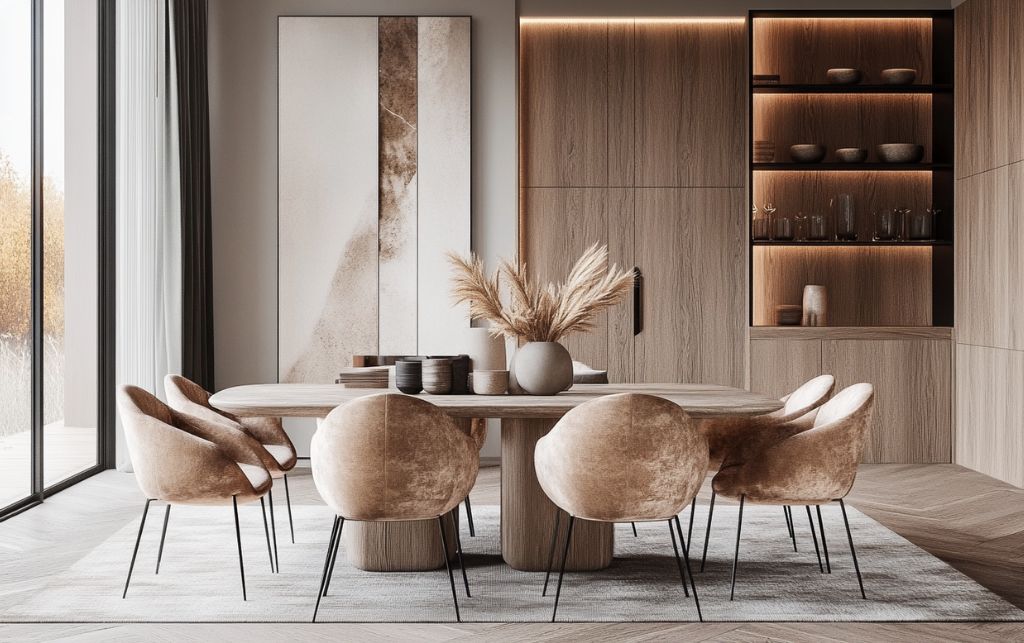 Calm minimalist dining space with mink velvet dining chairs