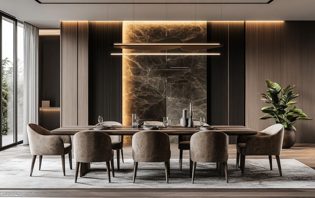 Styling mink dining chairs in modern minimalist dining room with natural light