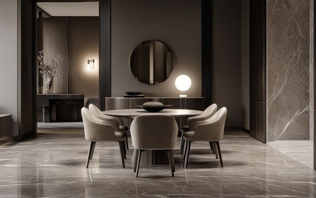 Contemporary minimalist dining room featuring mink dining chairs