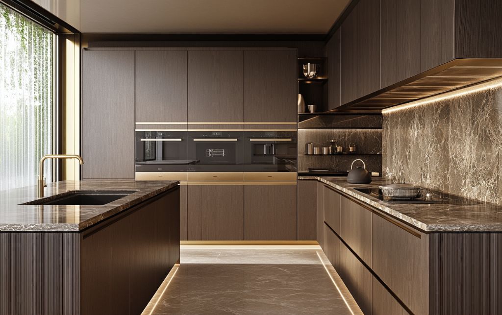 Coordinated kitchen hardware with integrated taps and appliance trims