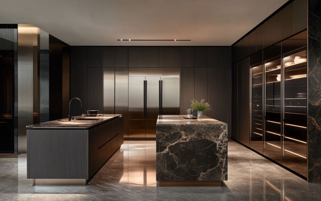 Kitchen showcasing proper handle scale and proportion across different cabinet sizes