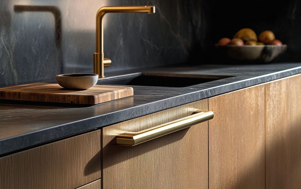 Premium kitchen handle materials including solid brass and stainless steel