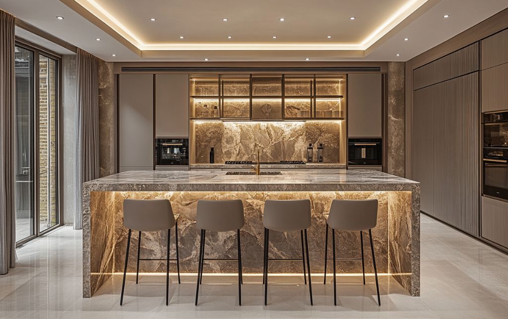Luxury kitchen featuring premium door handles on modern cabinetry