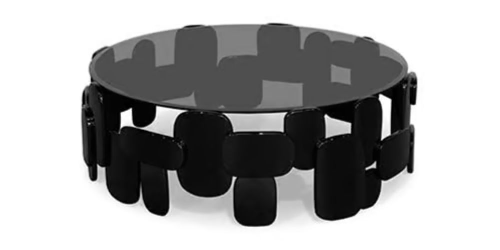 Goroka Coffee Table by Brabbu featuring sculptural lacquered black wood with artistic glass tabletop