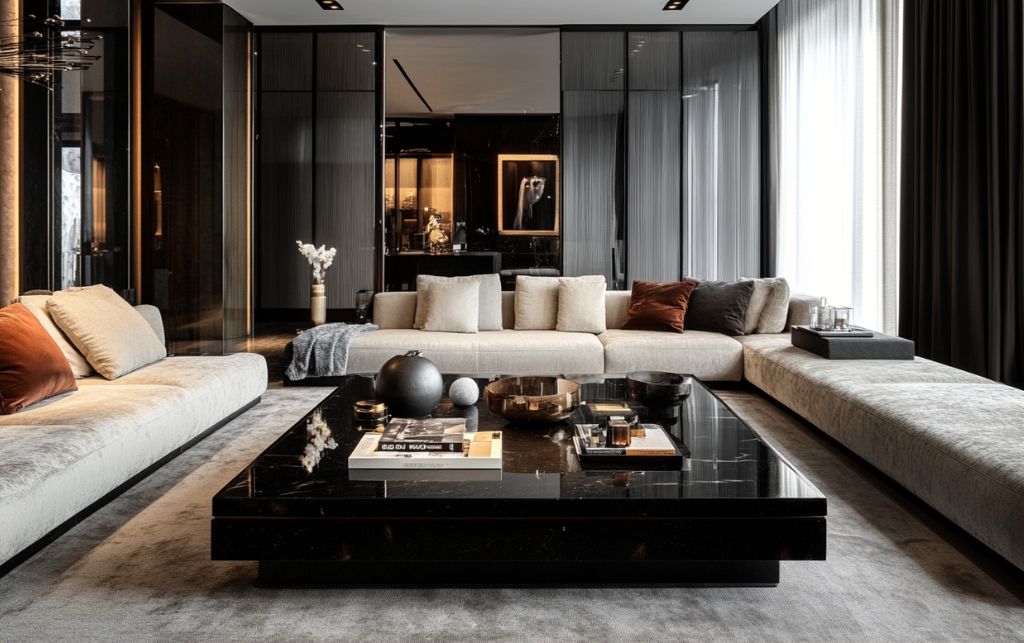 Premium black wood coffee table anchoring sophisticated contemporary living room interior