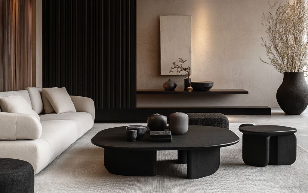 Interior design consultation demonstrating black wood coffee table selection considerations for luxury spaces