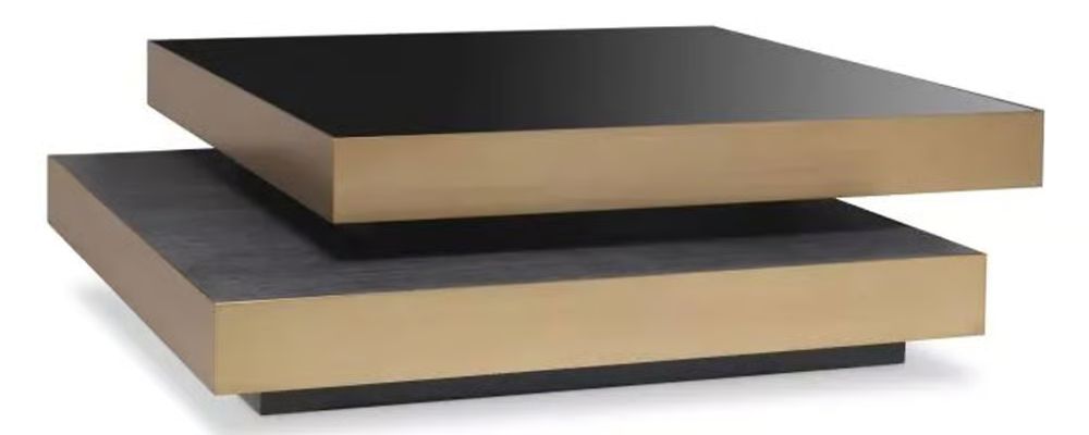 Shelton Coffee Table by Eichholtz with overlapping black glass and charcoal oak squares trimmed in brass