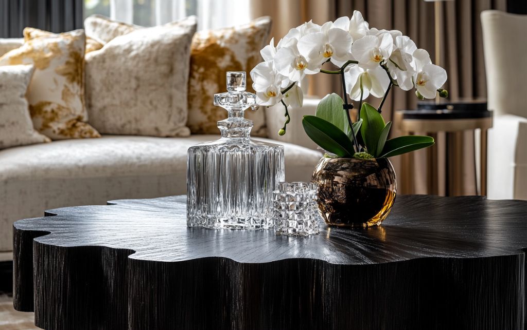 Black wood coffee table demonstrating sophisticated contemporary design principles in luxury living space