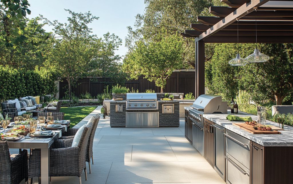 Luxury outdoor kitchen design with professional appliances and covered dining area