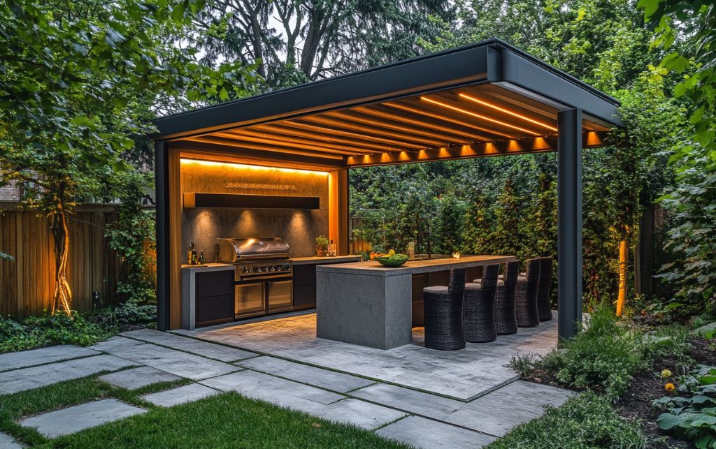 Covered outdoor kitchen with timber pergola and integrated lighting