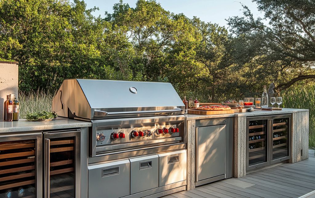 High-end outdoor kitchen equipment including built-in grill and refrigeration