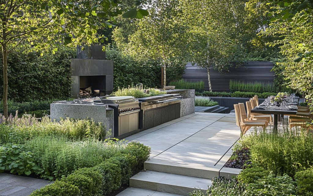 Outdoor kitchen seamlessly integrated with garden landscape and natural plantings