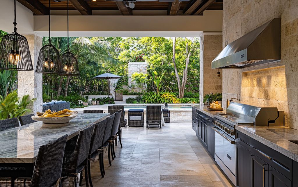 Elegant outdoor kitchen space with natural stone and professional cooking equipment