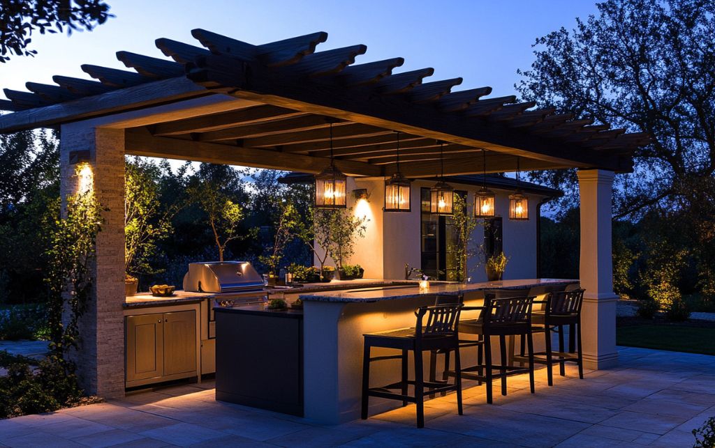 Outdoor kitchen with layered lighting creating evening ambience