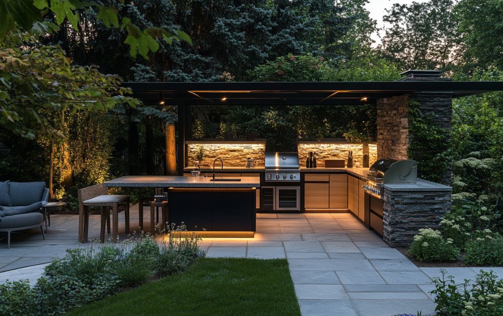 Well-planned outdoor kitchen layout showing distinct cooking, preparation and dining zones