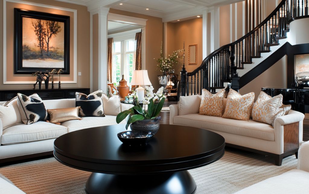 Designer black round coffee table anchoring luxury living room with sophisticated interior design