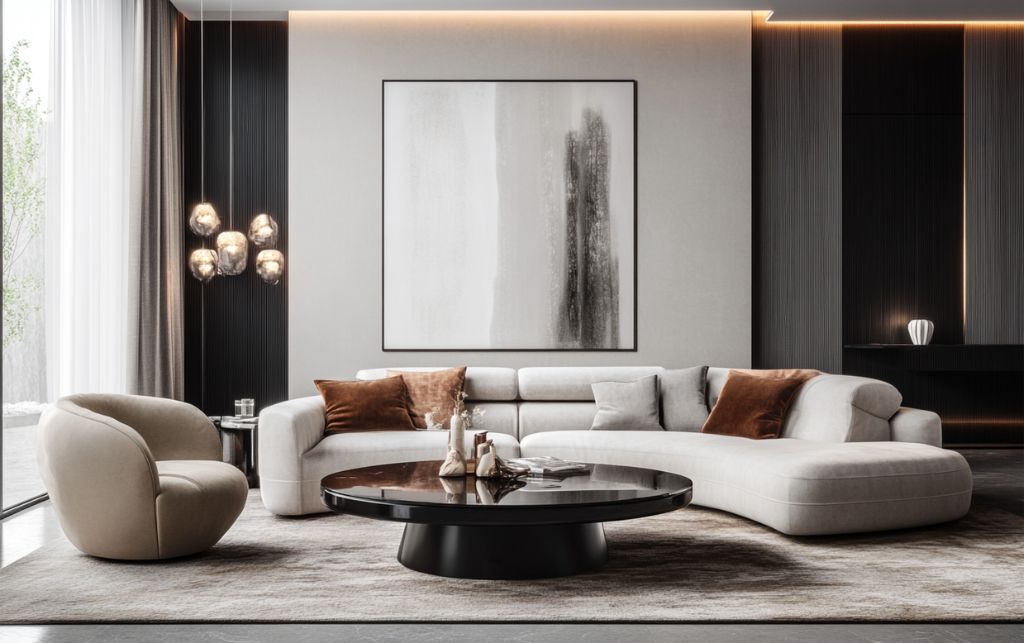 Perfect luxury living room setup with designer black round coffee table as sculptural anchor piece