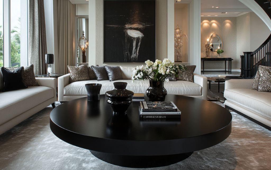 Elegant black round coffee table collection showcasing understated luxury in sophisticated living space