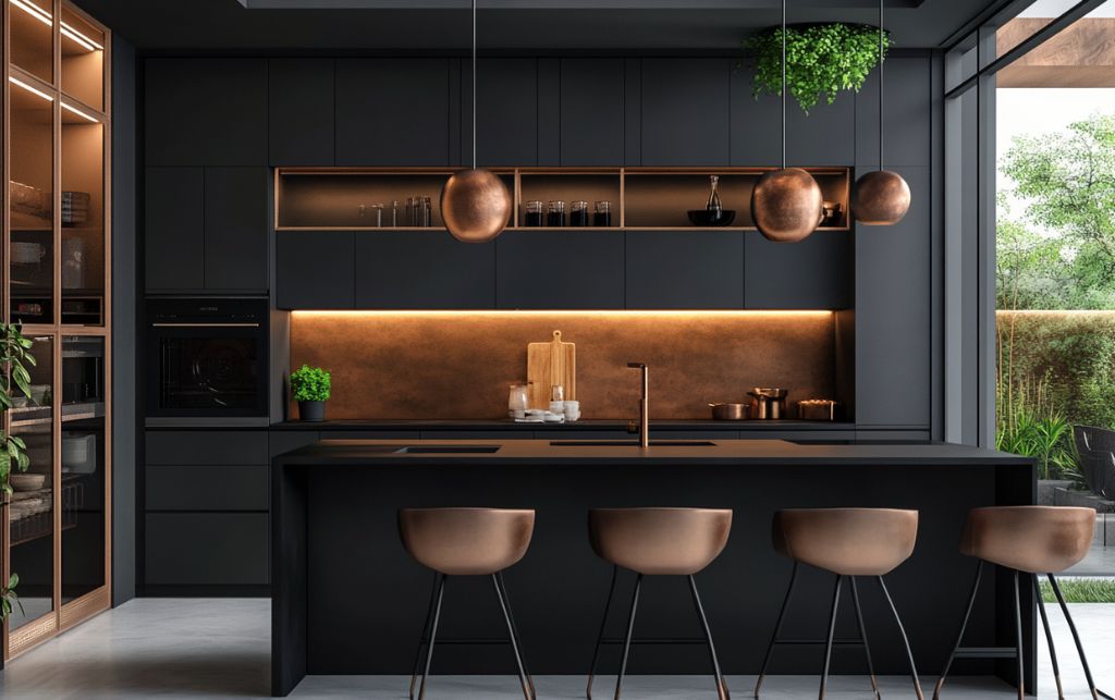 Charcoal grey kitchen with warm copper accents creating contemporary elegance