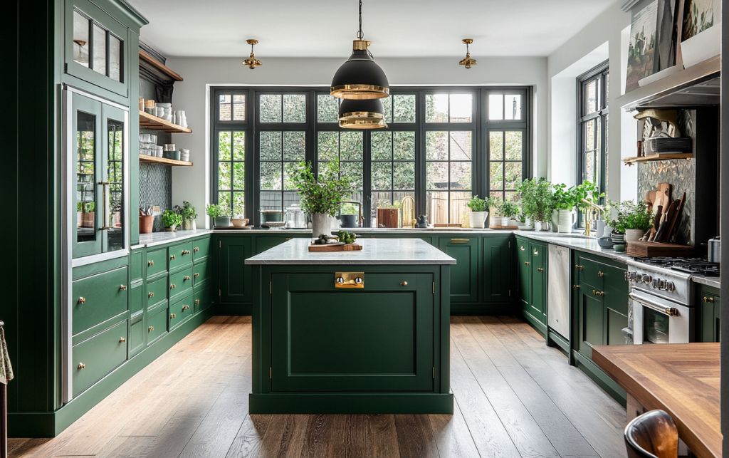 Deep forest green kitchen cabinetry with warm brass hardware and luxury finishes