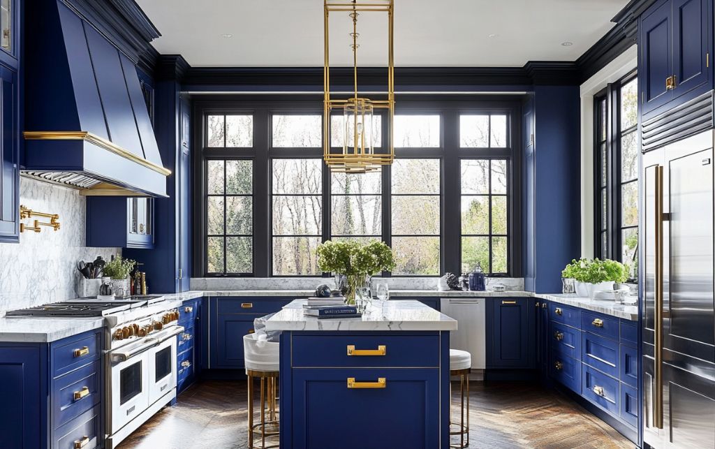Midnight blue kitchen with polished nickel hardware for dramatic elegance