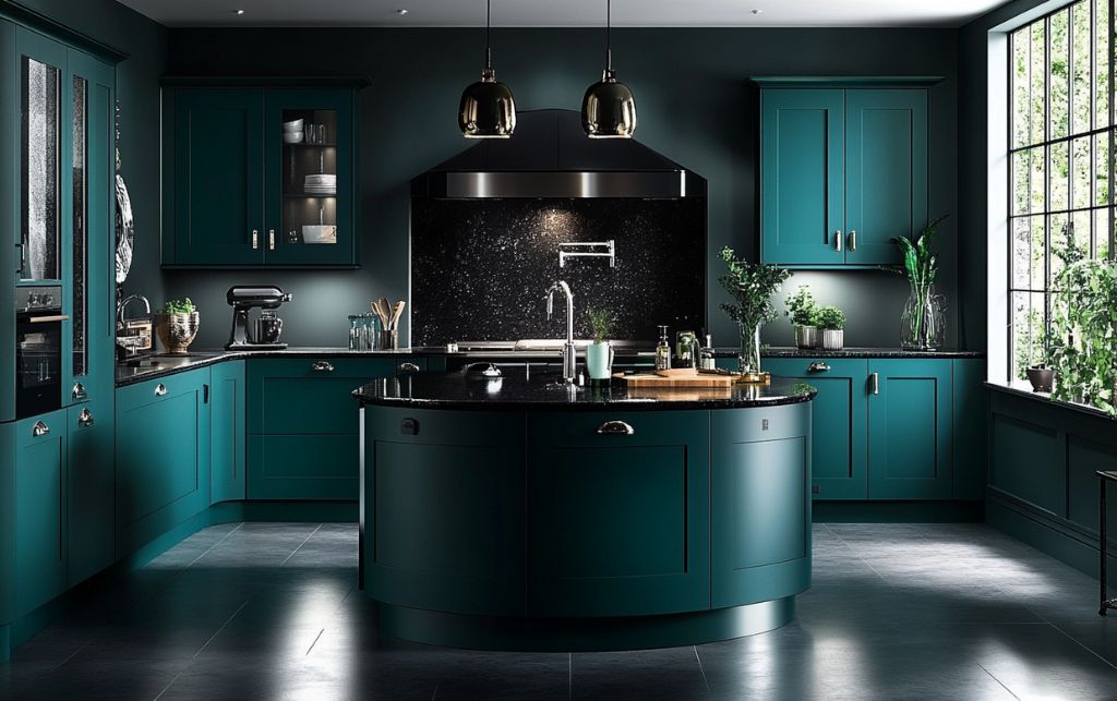 Rich teal kitchen cabinetry with black granite worktops and bold sophistication