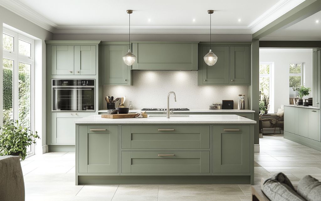 Sage green kitchen cabinetry paired with natural stone worktops for organic elegance
