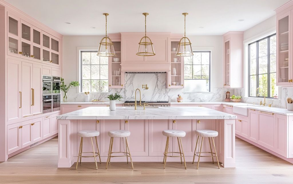 Soft blush pink kitchen with white marble and brass fixtures for quiet elegance
