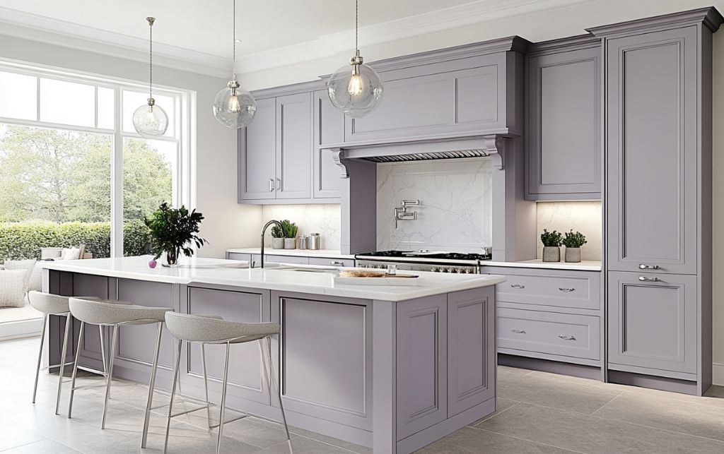 Soft lavender grey kitchen with chrome accents for calm contemporary style