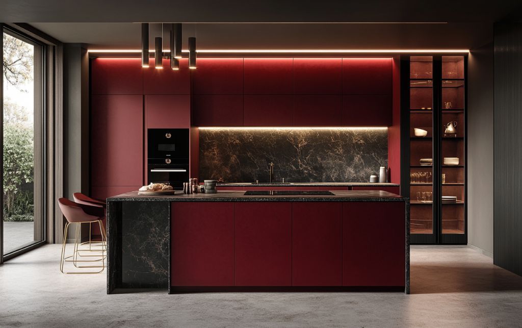 Sophisticated red kitchen with burgundy cabinetry and neutral stone worktops