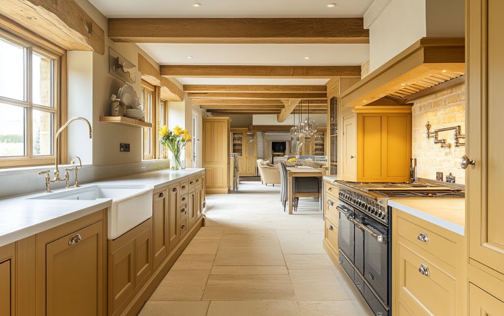 Warm ochre kitchen cabinetry combined with natural timber for earthy sophistication